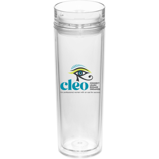 Clear water tumbler with CLEO logo