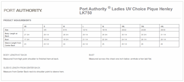 Size chart for shirts through Port Authority