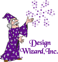Design Wizard logo - man in a purple and silver robe and hat with spells coming out of his hands